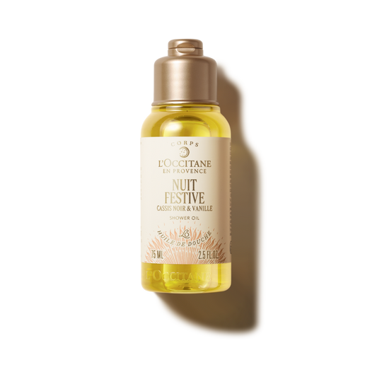 שמן רחצה שקדים, וניל ודומדמנית שחורה (אריזת נסיעה)